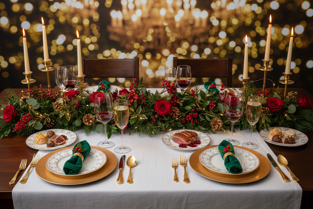 Elegant Christmas table, premium gourmet style, warm lighting, red and green tones, soft golden bokeh lights in the background, minimalist composition, high-end food photography, space for text, horizontal banner, professional ecommerce style